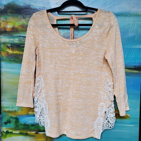 Charming Charlie Tops - Charming Charlie Crochet Detail Peach Knit Top